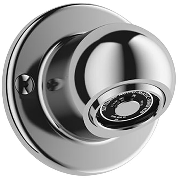 A close-up of a Sloan silver showerhead with a circular dial on it.