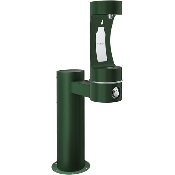 An Elkay green and white outdoor pedestal bottle filling station.