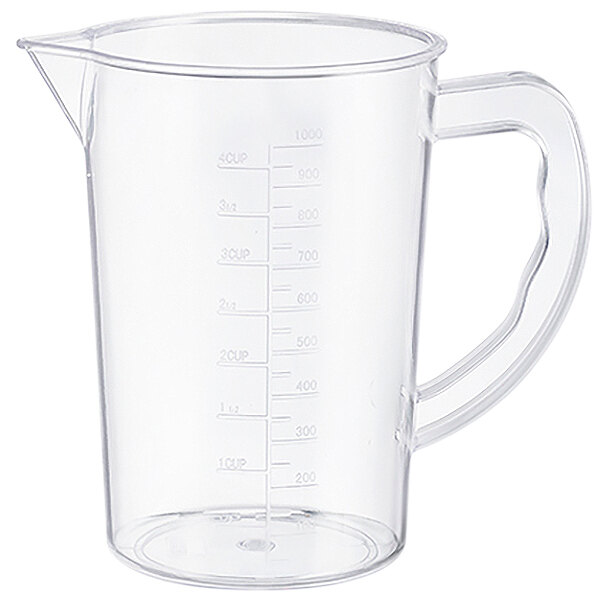 A close-up of a clear plastic Araven measuring cup with a handle.