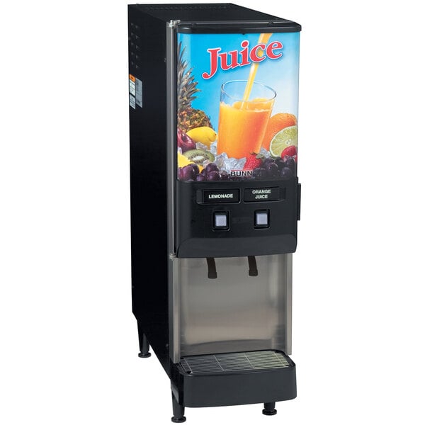 A Bunn juice dispenser with two flavors of juice, including orange juice.