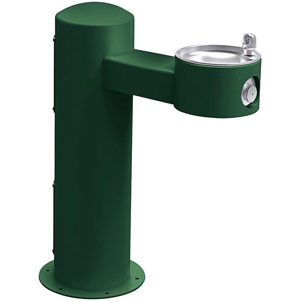 An Evergreen Elkay outdoor pedestal drinking fountain with a silver handle over a metal bowl.