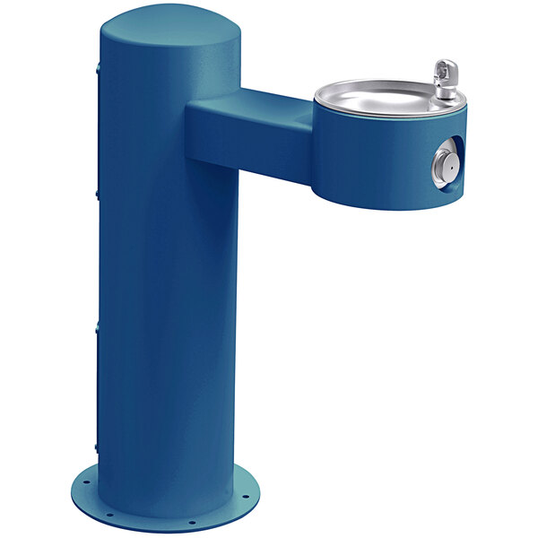 An Elkay blue outdoor pedestal drinking fountain with a metal bowl and silver handle.