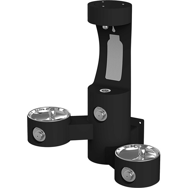 An Elkay black bi-level outdoor wall mount bottle filling station with 2 drinking fountains.