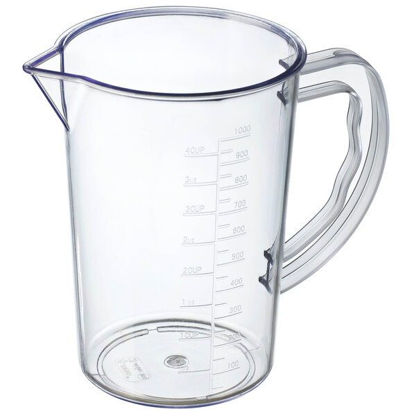 A clear Araven polycarbonate measuring cup with a handle.