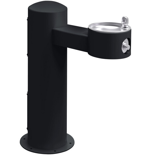 An Elkay black drinking fountain with a metal pedestal.