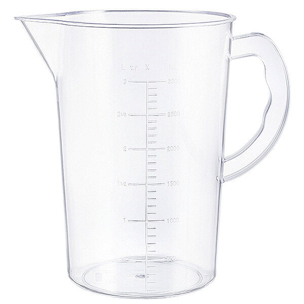A clear plastic Araven measuring cup with a handle.