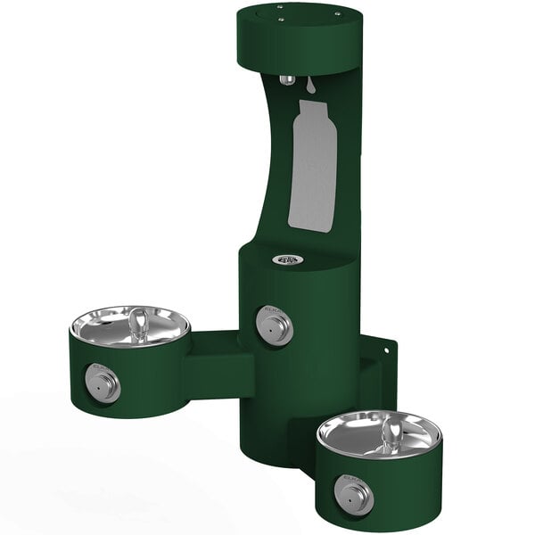 An Evergreen Elkay outdoor wall mount water fountain with 2 drinking fountains and a bottle filler.