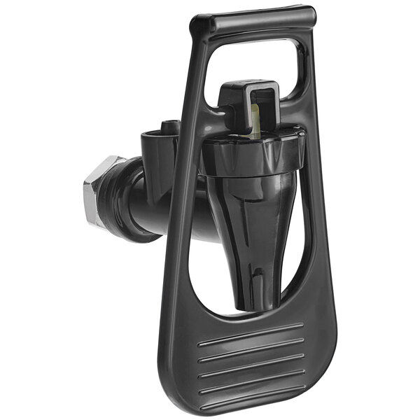 A black plastic spigot with a handle on it.