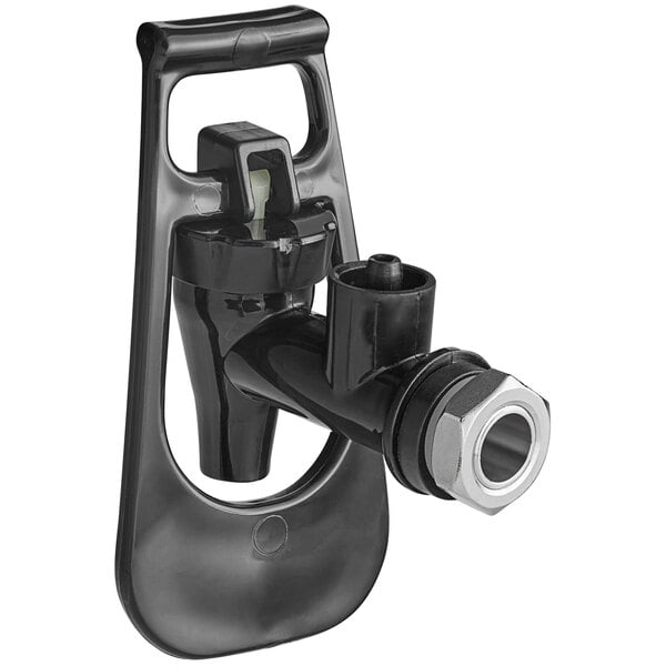 A black plastic faucet with a black handle and nut.