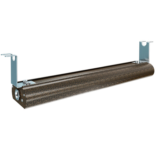 A brown metal tube with metal brackets on each end.
