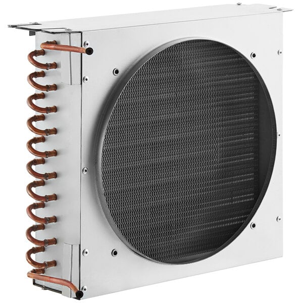An Avantco condenser coil with copper pipes in a white metal box.