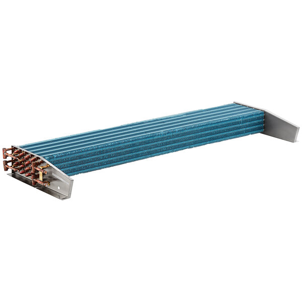 An Avantco evaporator coil with blue and silver metal and copper pipes.