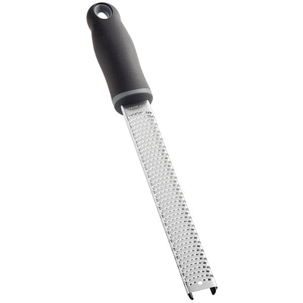 A Choice stainless steel handheld zester with a black handle.