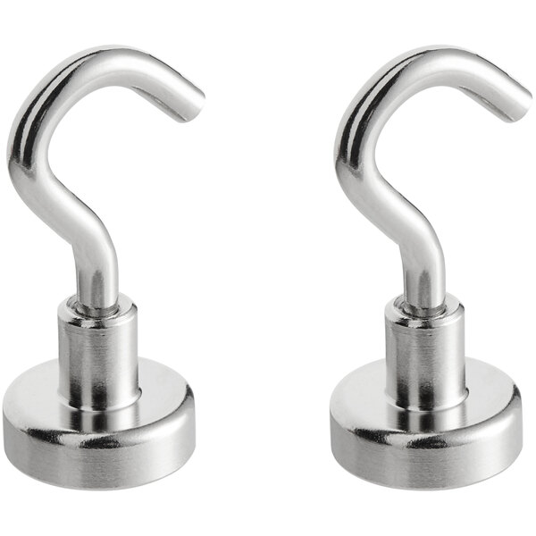 Two silver 1 1/4" stainless steel magnetic hooks.