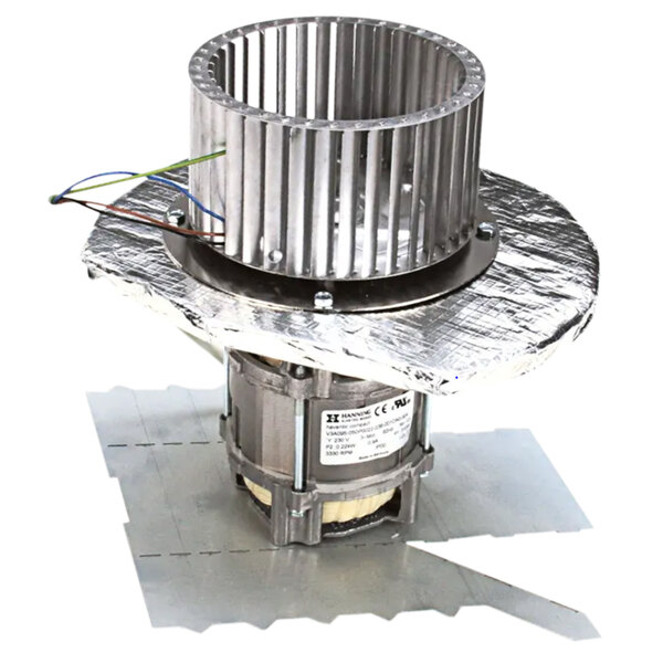 A Merrychef convection motor with a metal cover and wires.