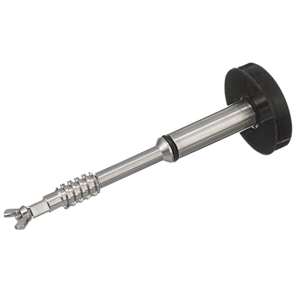 A metal screw with a black rubber handle.