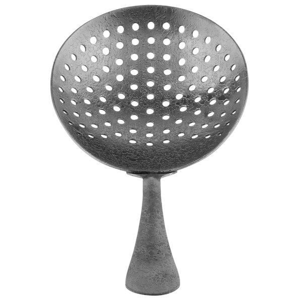 A Tablecraft black stainless steel Julep strainer with holes in it.