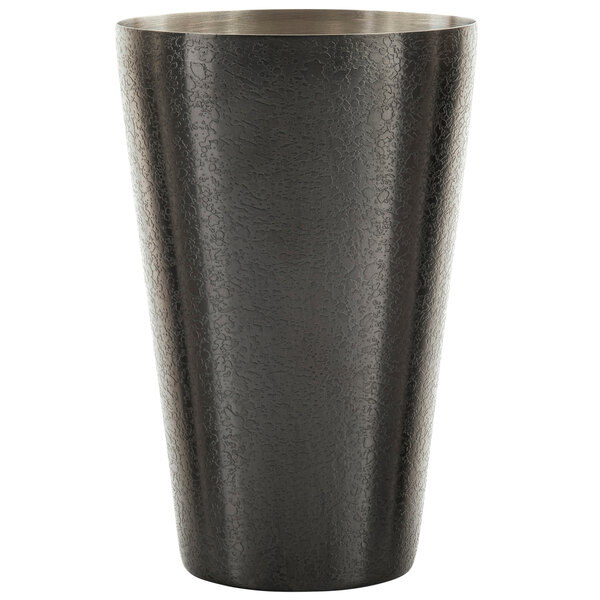 A black stainless steel Tablecraft cocktail shaker with a silver rim.