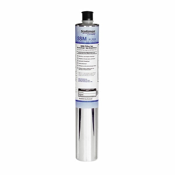 A close-up of a white and black Scotsman SSM Plus water filter with a blue label.