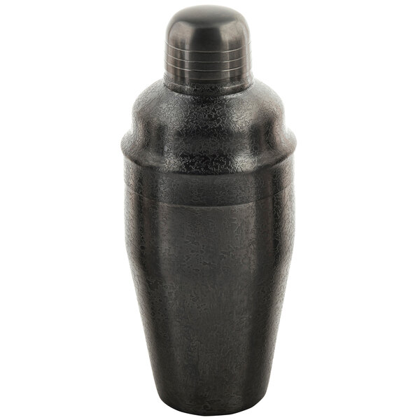 A Tablecraft black stainless steel cocktail shaker with a metal lid.