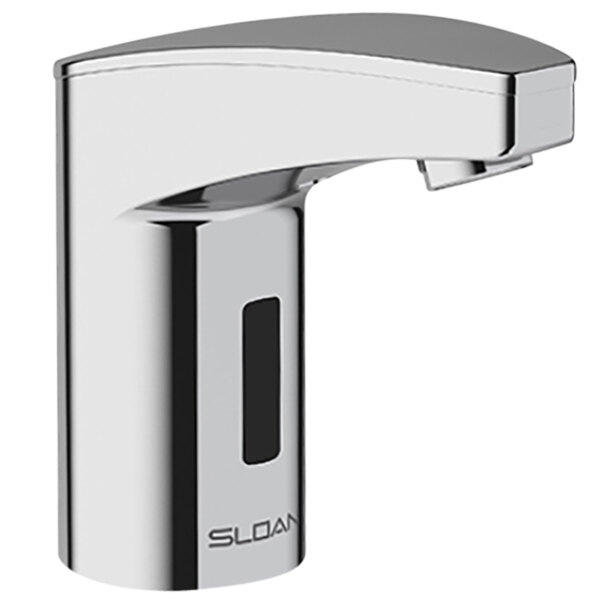 A Sloan polished chrome deck mounted sensor faucet with a black button.