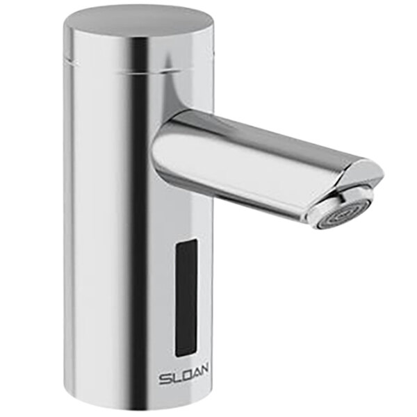 A close-up of a silver Sloan Optima deck mounted sensor faucet with a black button.