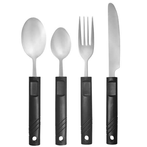 A Richardson Products Inc. 4-piece adaptive utensil set with black plastic handles including a fork, knife, and spoon.