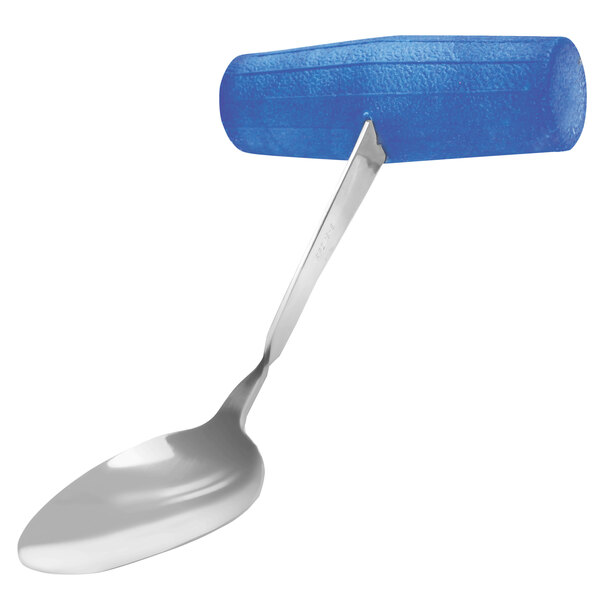 A Richardson Products Inc. T-Grip adaptive tablespoon with a blue handle.