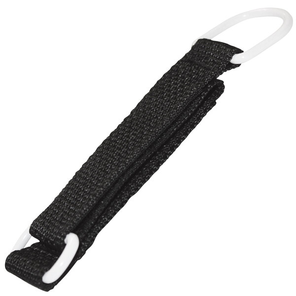 A black strap with white rings and a white handle on it.
