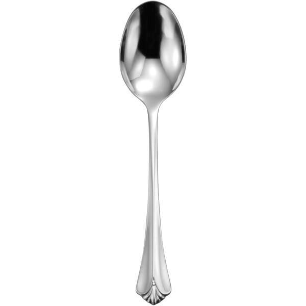 A Oneida stainless steel dessert spoon with a black and white background.