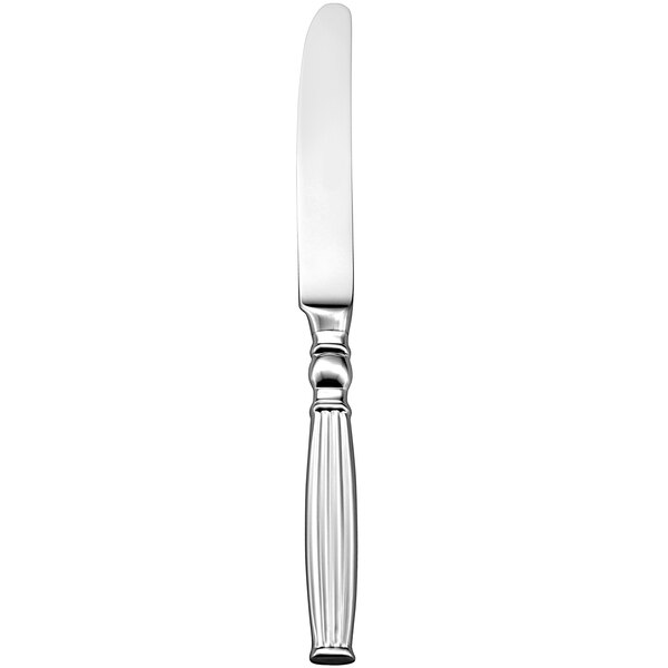 A close up of a Sant'Andrea Colosseum stainless steel dinner knife with a white handle.