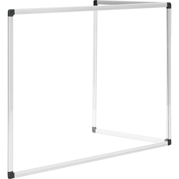 A MasterVision glass desktop divider with a white and black metal frame.