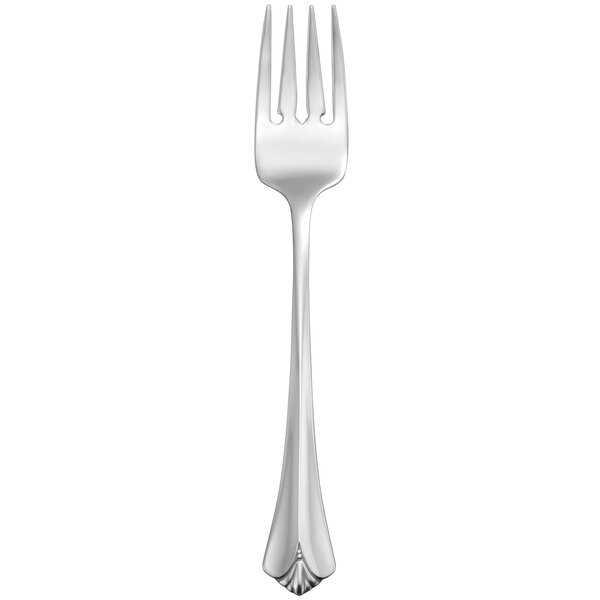 A close up of a silver Oneida salad fork with a white background.
