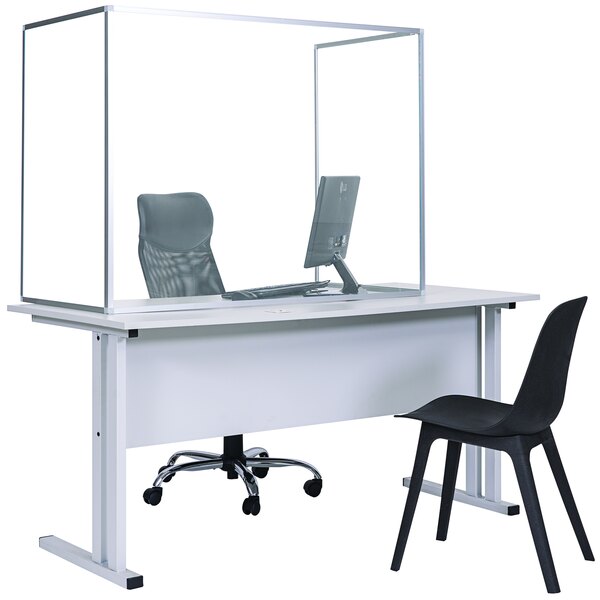 A white desk with a MasterVision glass 3-sided desktop safety shield on it.