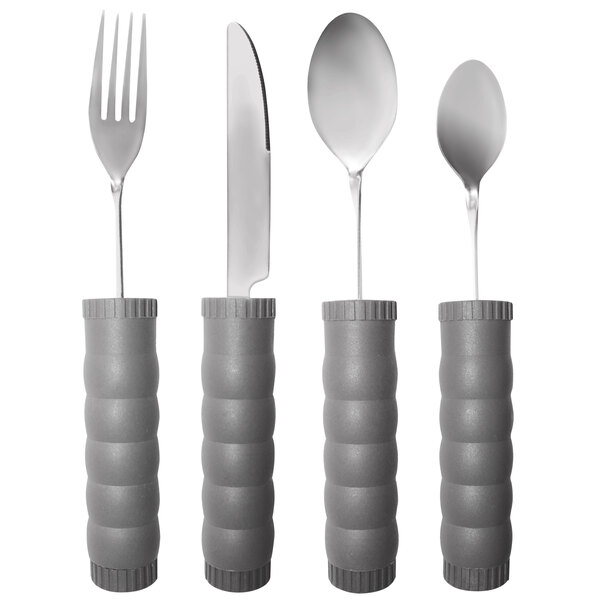 A set of four grey Richardson weighted adaptive utensils with spoons and forks.