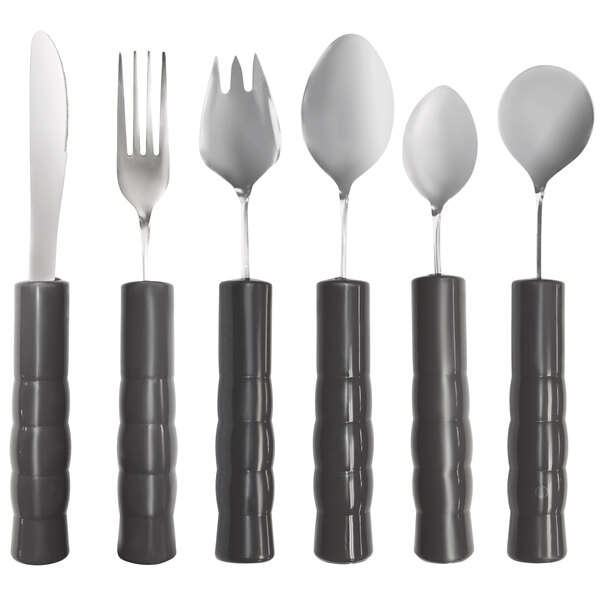 A set of six black weighted utensils with silverware handles.