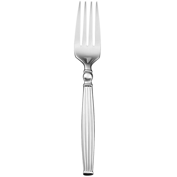 A close-up of a Sant'Andrea Colosseum silver salad/dessert fork with a white handle.