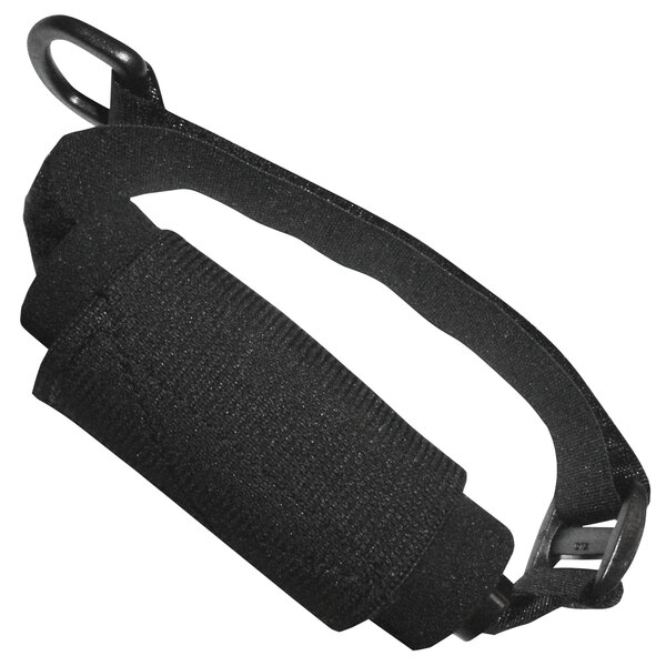 A black strap with foam grip utensil holder on it.