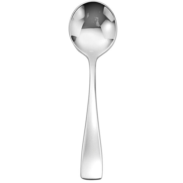 A Sant'Andrea Reflections stainless steel bouillon spoon with a silver handle.