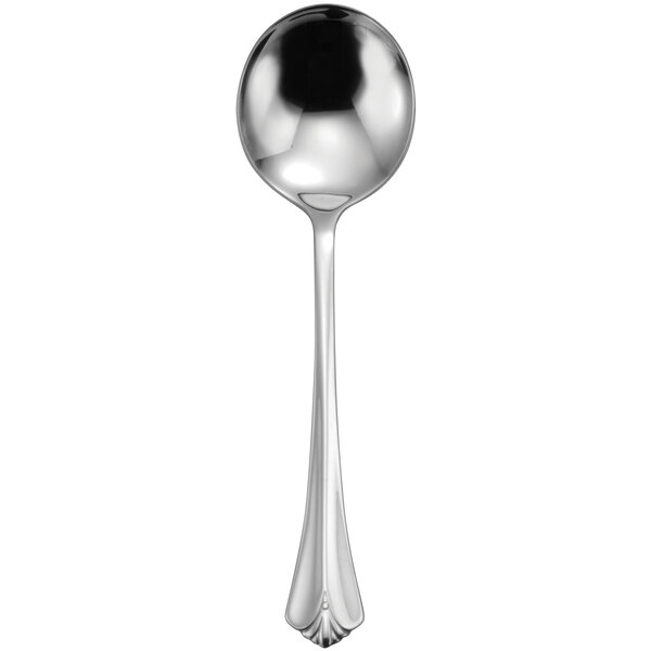 A close-up of a Oneida silver bouillon spoon with a long handle.