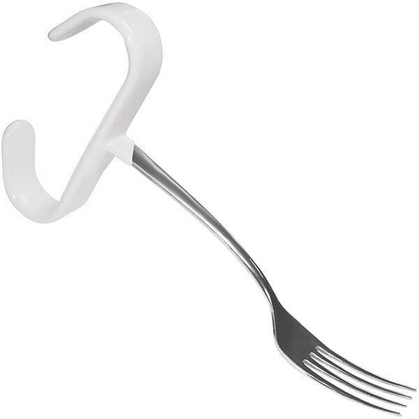 A white plastic hook with a silver fork and a vertical white handle.