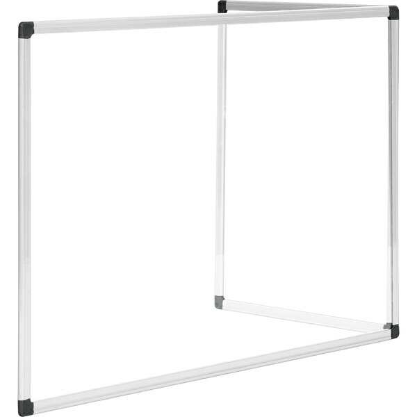 A white and black metal framed MasterVision glass desktop safety shield.