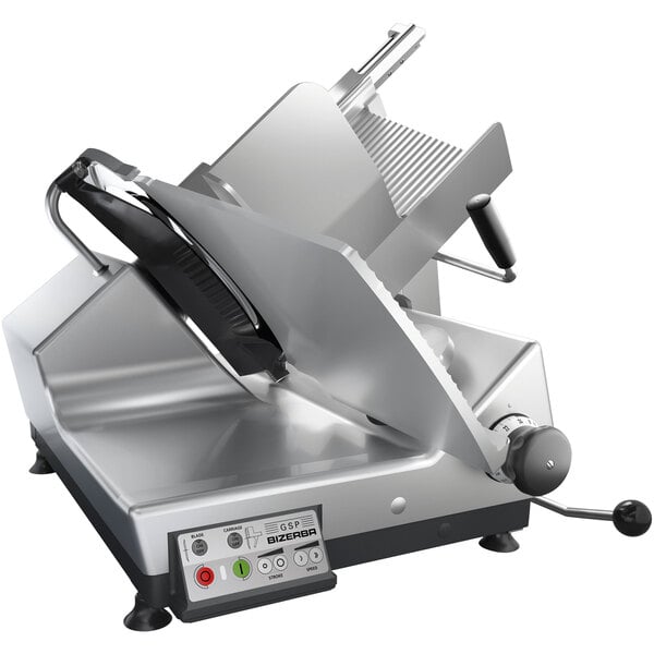 A Bizerba heavy-duty automatic meat slicer with a metal blade on a counter.
