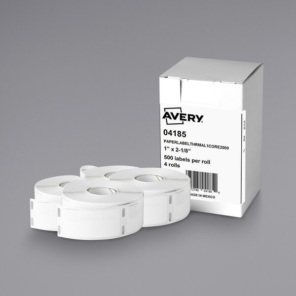 A white box of Avery 4185 thermal labels with rolls of white labels next to it.
