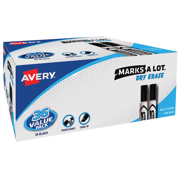 A box of black Avery Marks-A-Lot dry erase markers.