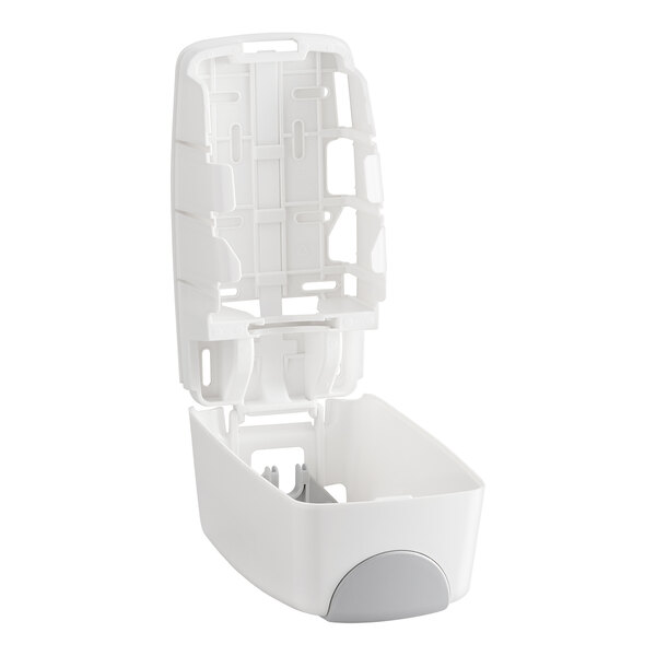A white manual foam hand soap or sanitizer dispenser with an open lid and a 33.8 fl. oz. (1000 mL) capacity.