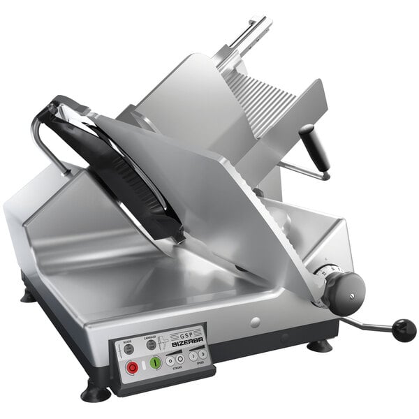 A Bizerba heavy-duty automatic meat slicer with a metal blade.