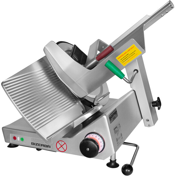 A Bizerba manual meat slicer with a blade and handle.