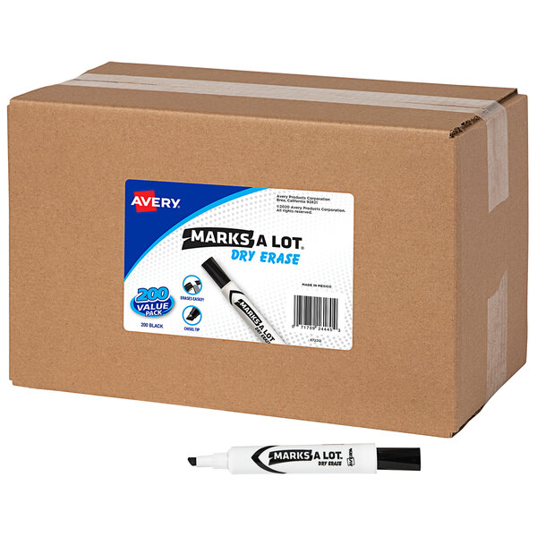 A brown box of Avery Marks-A-Lot black dry erase markers with a white marker on the box.