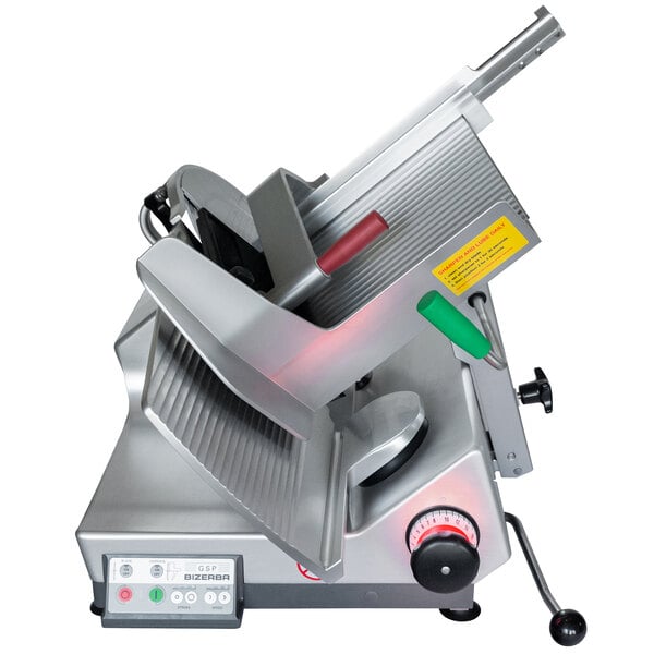 A Bizerba heavy-duty meat slicer with a green blade and red handle.